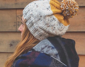 Kamloops Hat - Slouchy style knit color-block hat in cream tweed and mustard yellow with pompom