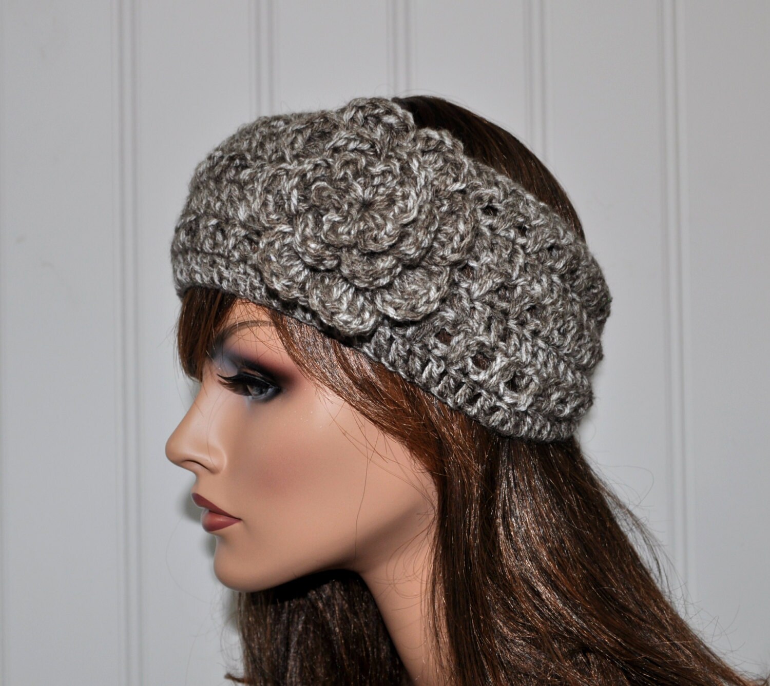 Crochet Ear Warmer for women Taupe mist headband Soft yarn