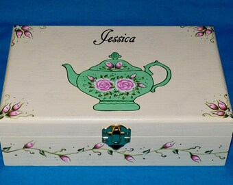 Elegant Tea Box Wood Tea Chest Organizer Hand Painted Mint Green Personalized Custom Victorian Tea Pot Pink Roses Anniversary Gift