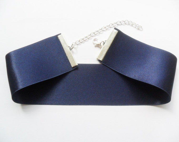 Navy satin choker necklace 1.5 inch wide, pick your neck size.
