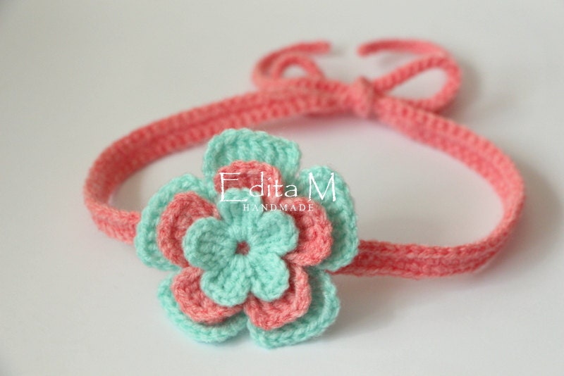 mint and coral headband baby headband lace baby crochet baby tieback headband baby mint coral flower mint and coral headband baby headband lace baby crochet baby tieback headband baby mint coral flower