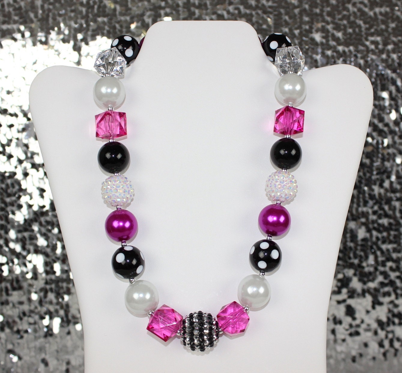 Chunky Beaded Necklace Hot Pink and Black Chunky Necklace