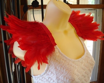 Red Feather Epaulettes, Costume Wings, Shoulder Feathers, Feather Shoulder Accessories, Feathered Shoulder Wings, Red Wings