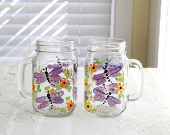 Hand Painted Dragonfly Motif Mason Jar Glasses with handles Set of Two