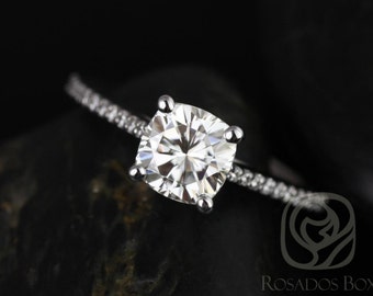 Marcelle 6.5mm 14kt White Gold Cushion F1- Moissanite and Diamonds Cathedral Engagement Ring (Other metals and stones available)