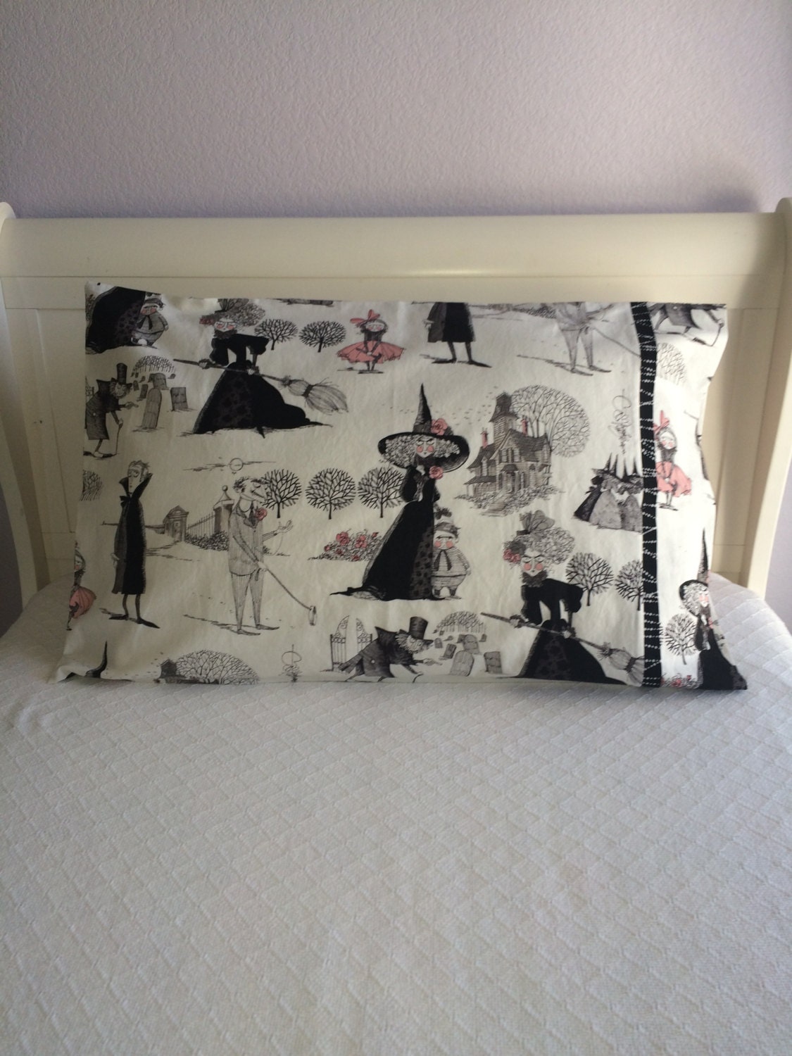 Halloween Pillowcase with a Witch Family in Black Gray and