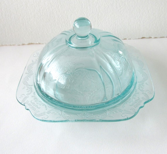 Vintage depression glass blue butter dish with dome lid