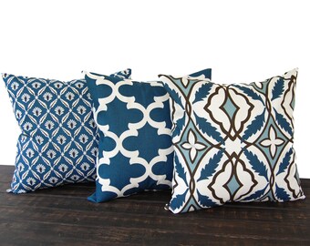 Throw pillow covers Set Of Three blue natural chocolate brown cushion cover pillow shams