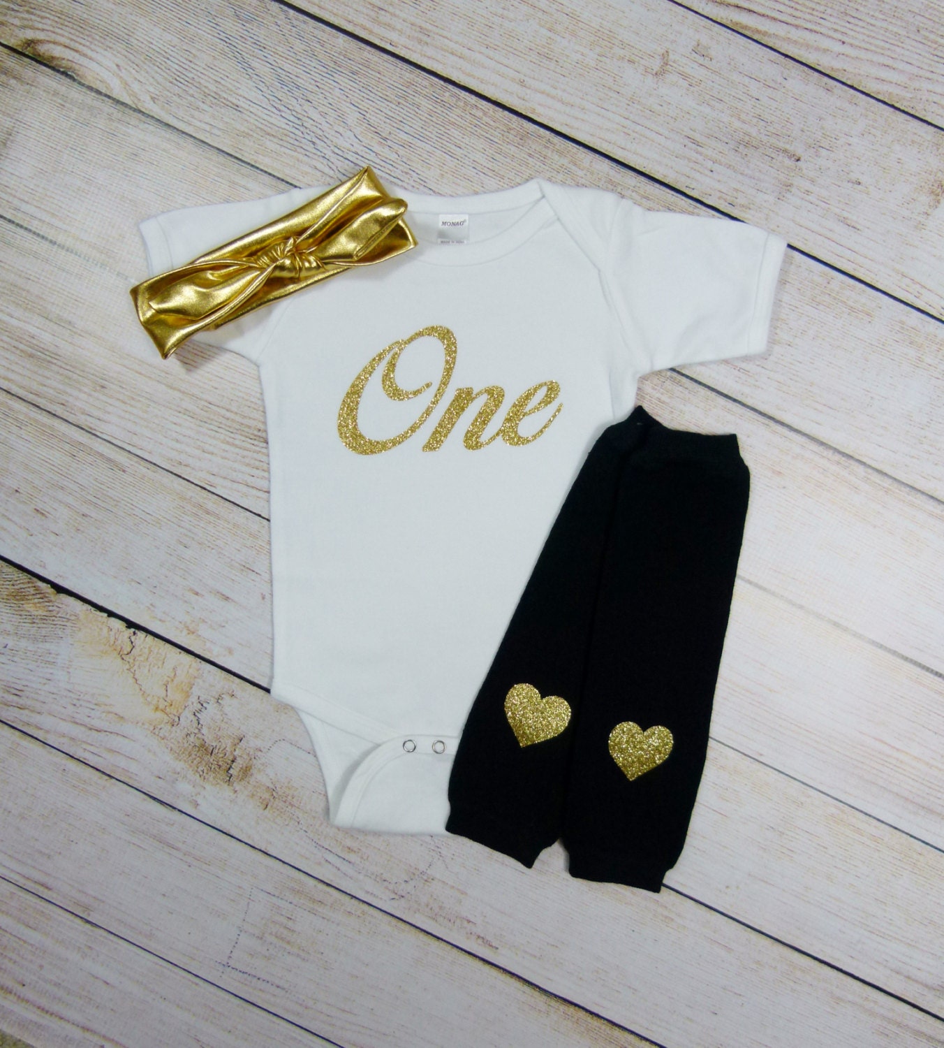 First Birthday Outfit Girl Black One Gold Glitter One Knotted