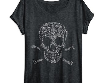 Womens Skull Shirt - Aztec Pattern - Oversized - Off Shoulder - Dolman - Vintage Clothing - Skull and Bones - Ladies