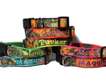 Personalized Camo Dog Collar made with Blaze Orange Realtree Fabric, Custom Dog Collar with Name, Hunting Dog Collar