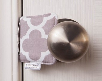 The Original Cushy Closer Door Cushion - Gray & White Quatrefoil - Door Latch Cover
