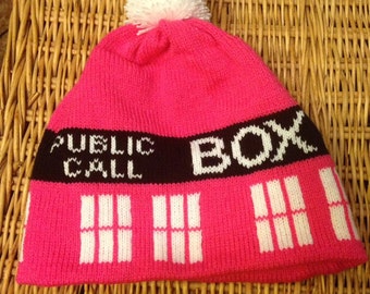 Pink Police Box Pom Pom Beanie Hat - Large