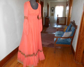 Vintage Princess Dress Jack Bryan designer Dupuis Orange Chiffon Halloween Costume Prairie Festival Medieval XS Fairy Tale