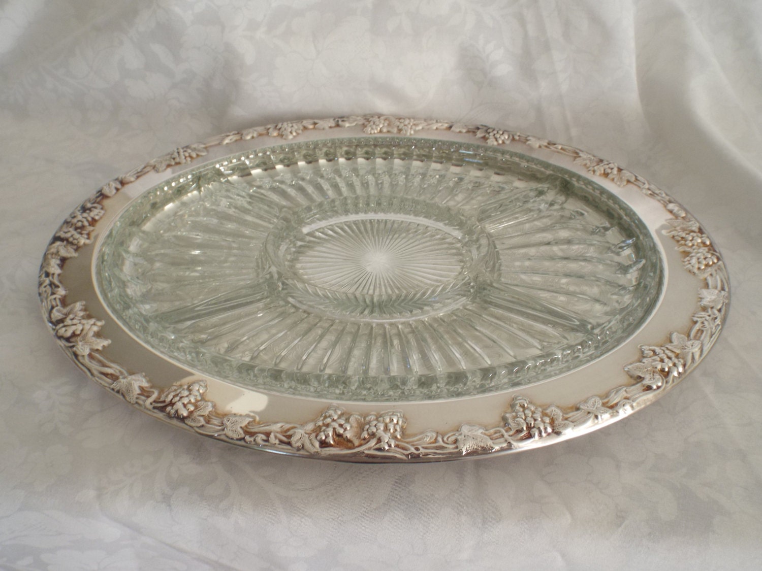 Silver Plate Serving Tray with 5-Section Glass Insert