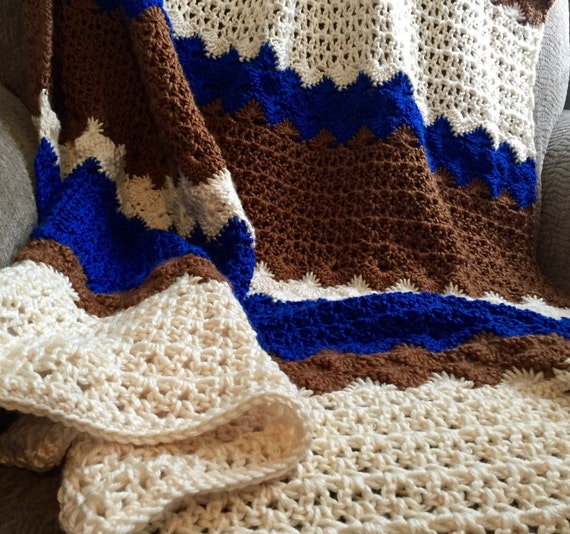 Throw Blanket Lap Blanket Blue and Brown Blanket by MonkeesYarns
