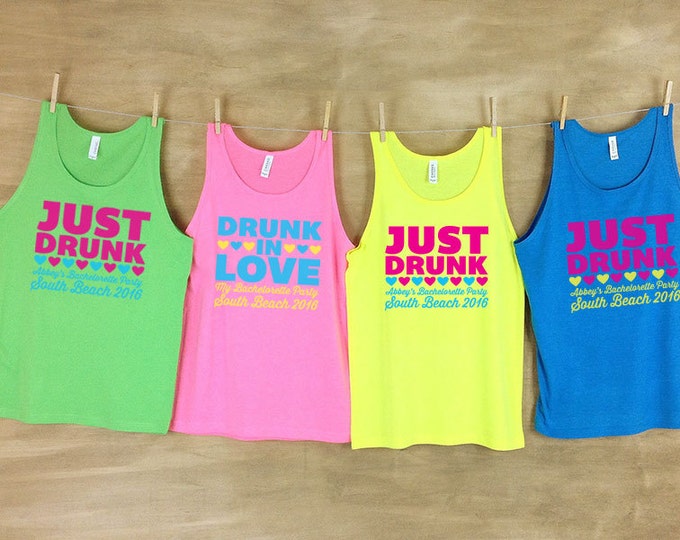 Drunk In Love and Just Drunk Personalized Bachelorette Beach Tanks - Sets