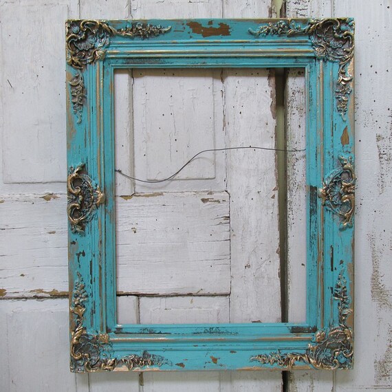 Large gesso wood frame painted distressed aqua turquoise