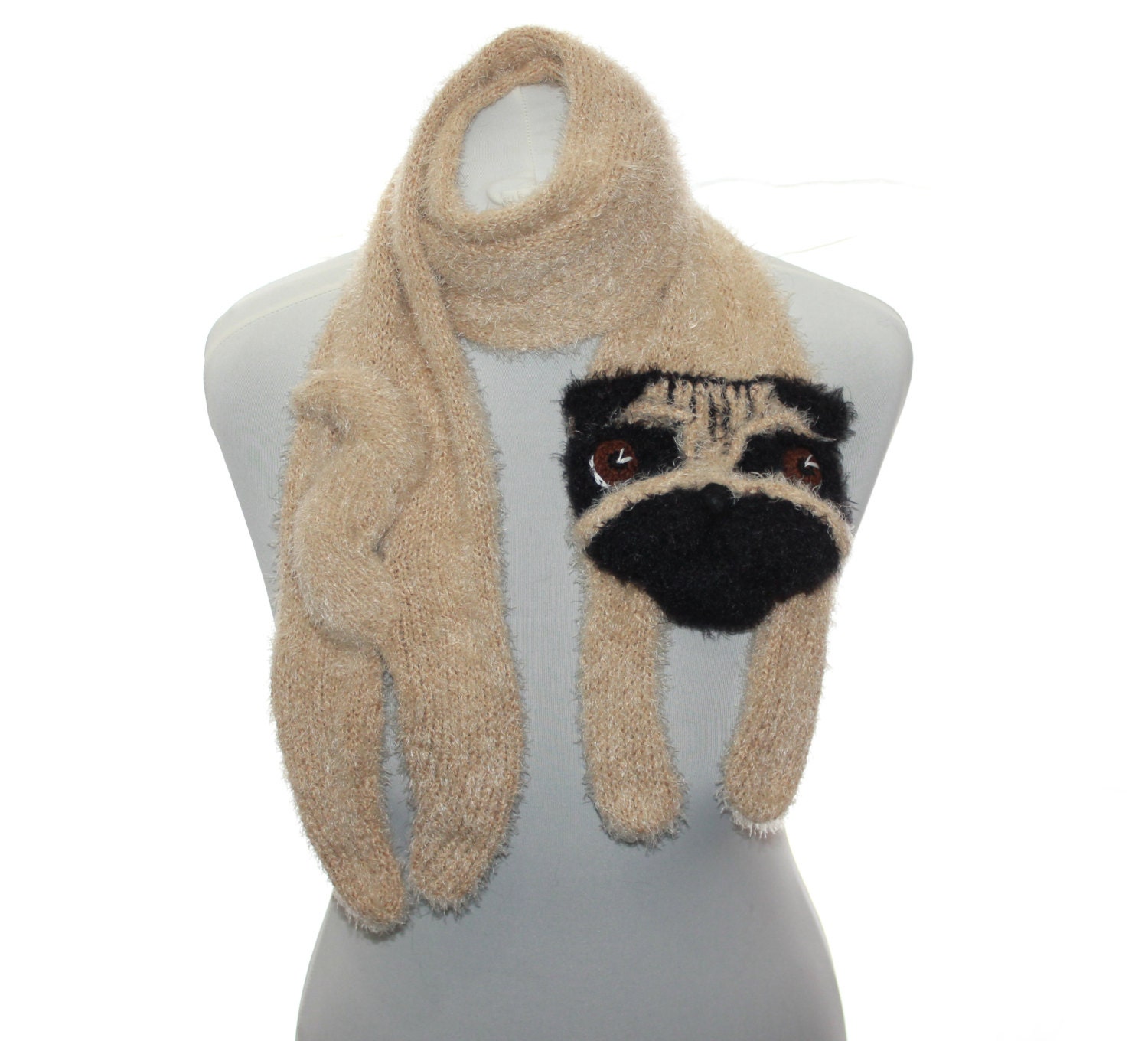 Dog portrait / Knitted Pug scarf / Fuzzy Soft Scarf / dog