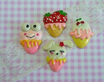 4 pcs Assorted/mixed Ice Cream Cone Cabochon, Strawberry Frog Bunny Cherry Icecream Cone Deco, Flatback, Sweet Dessert