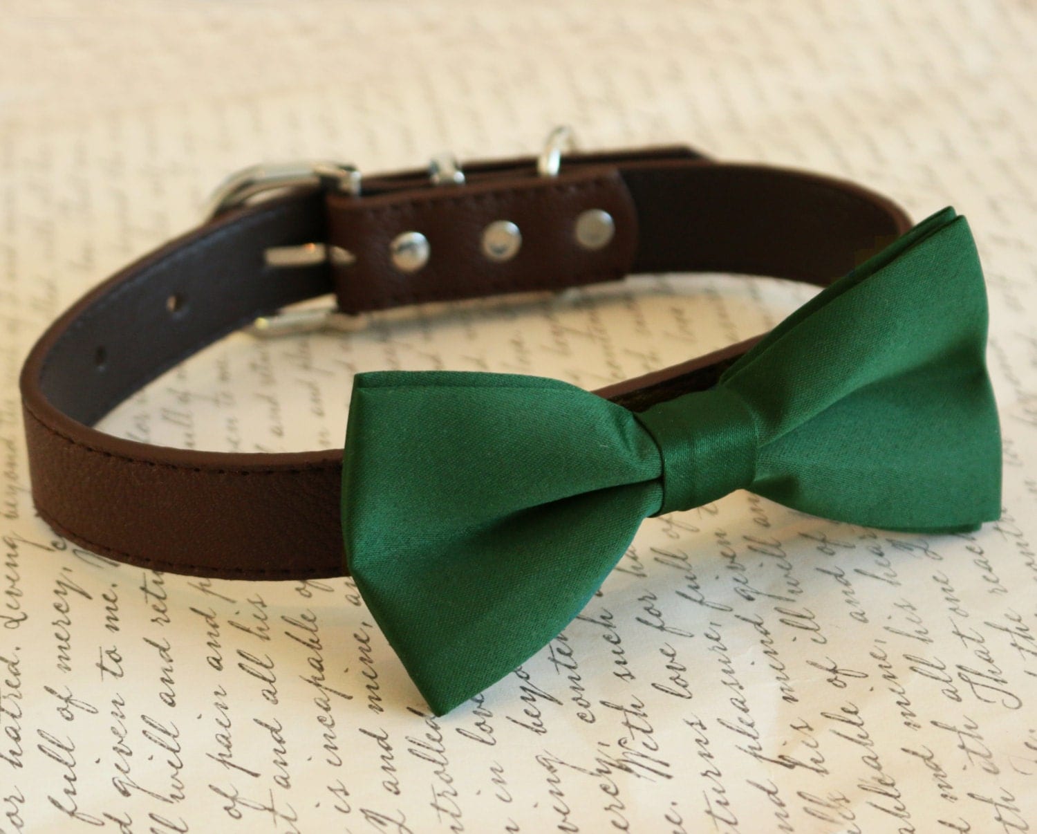 Dark Green dog Bow tie brown Dog Collar Bow attached to