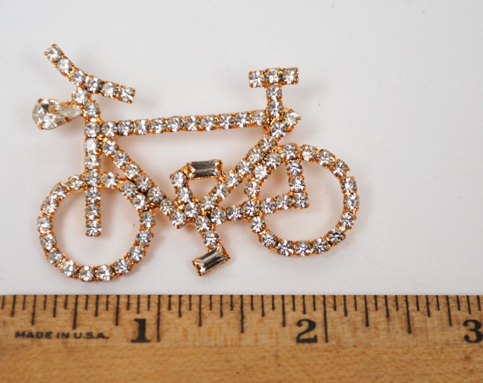 Rhinestone Bike Brooch - Clear crystal - gold tone -Two wheel bike pin