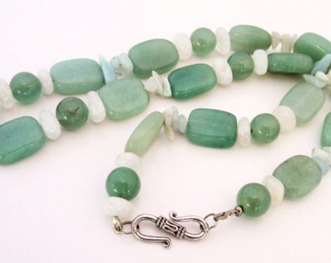 Green Aventine Bead Necklace -polished quartz beads - green and white gemstone