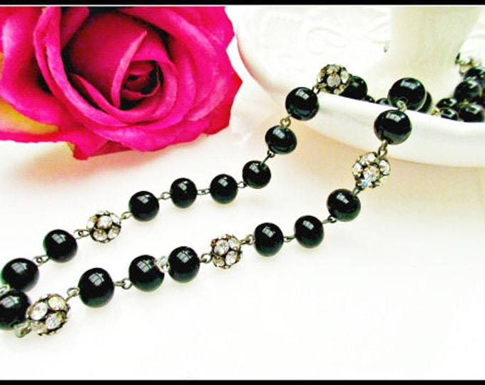 Black Glass bead Necklace - Rhinestone Rondelle - vintage silver crystal beads - 25 inches