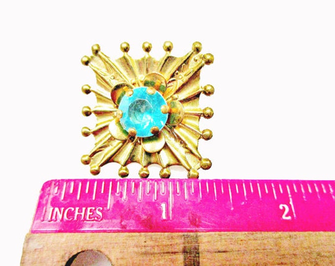 Atomic Brooch pendant - gold plated -Aqua blue Rhinestone - Mid Century pin