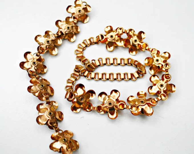 Flower Necklace and Bracelet set parure - Brass Book chain link -Mid Century -