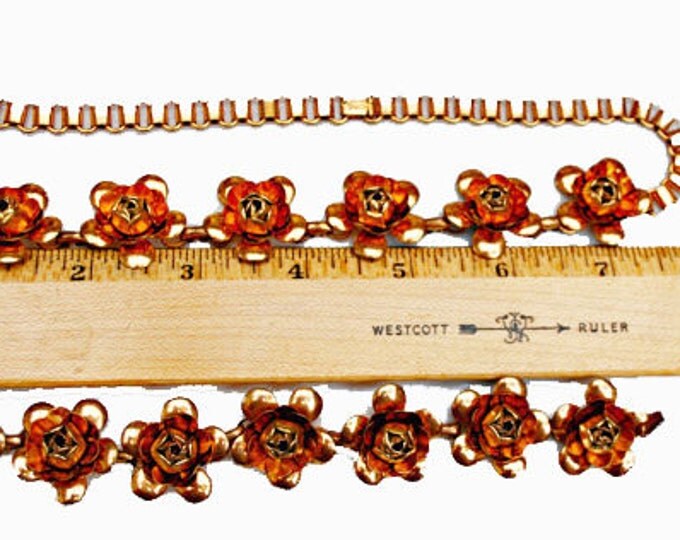 Flower Necklace and Bracelet set parure - Brass Book chain link -Mid Century -