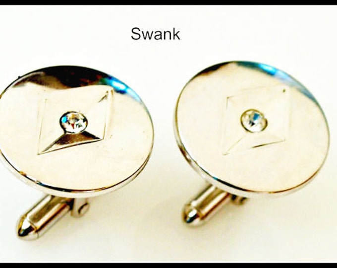 Swank Cuff links = Silver Round - Rhinestone -Mid Century