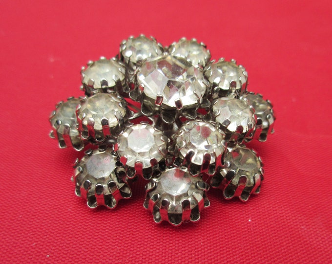 Atomic Rhinestone Brooch - Clear Ice crystal -domed layered - Mid century pin