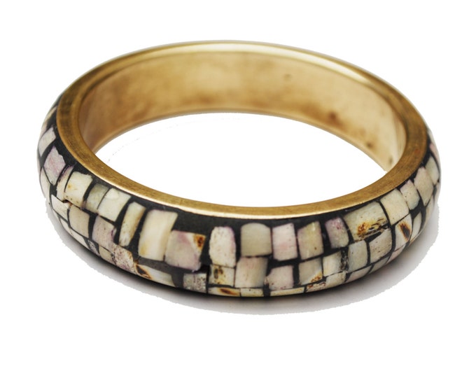 Mosaic Shell Brass Bangle - Boho white shell inlay Bracelet