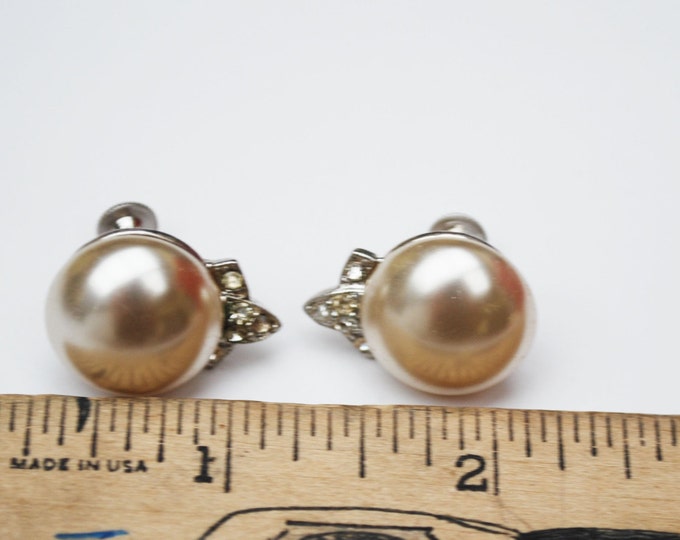 Cream White Pearl rhinestone Earrings - signed Marvella - screw back earring - Wedding bride