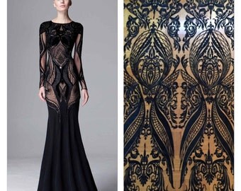 Black Lace Fabric, Black Lace, Lace Material, Embroidered Lace, Embroidered Tulle (C1)