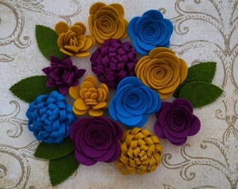 Handmade Wool Felt Flowers, Mustard, Azure, and Dark Berry