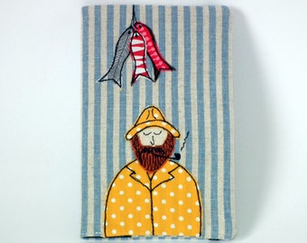 Linen Moleskine Pocket Cahier Notebook / Journal with Removable Freehand Machine Embroidered Fisherman Fabric Cover