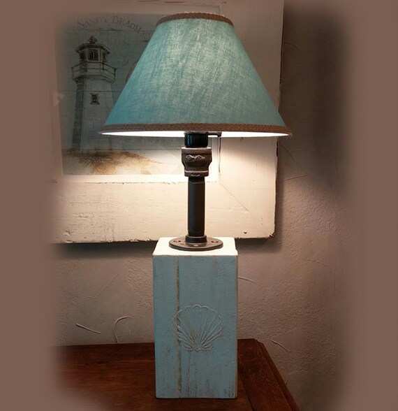 Blue desk or dresser lamp with distressed wood base. by Clovermead