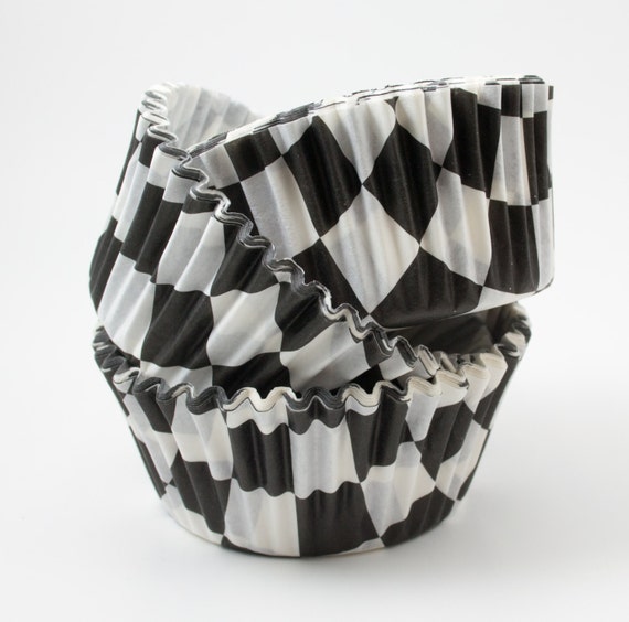 Black Checkered cupcake liners approx 40 ct Race by
