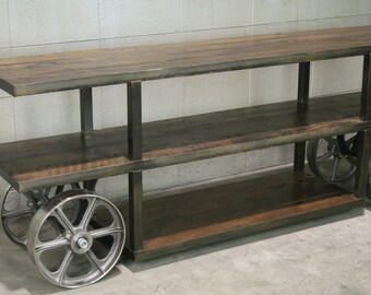 Industrial console table, Trolley Cart/ Media Console / Reclaimed wood TV Stand. Reclaimed wood and steel. Handmade and customizable.