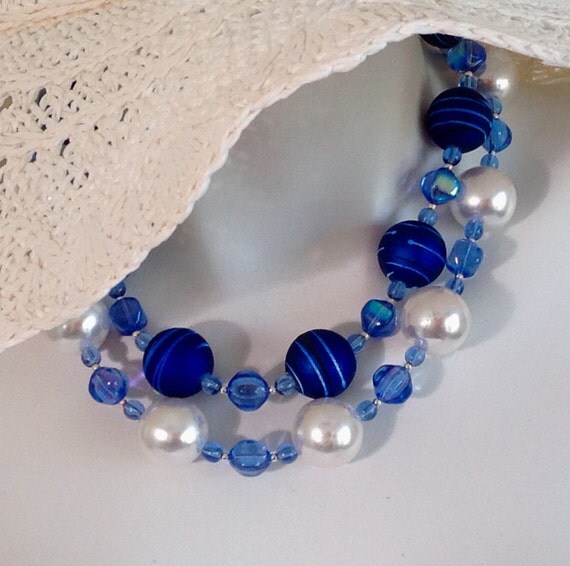 Blue Multi Strand Necklace Cobalt Blue White by LiaJewelryDesigns