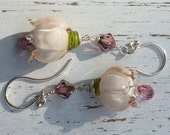 Pink Topaz and White Floral Lampwork Earrings, Bridal, Spring, Gemstone