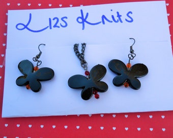Black Butterfly Necklace and Earring Ear Hook Set Orange Red Beads