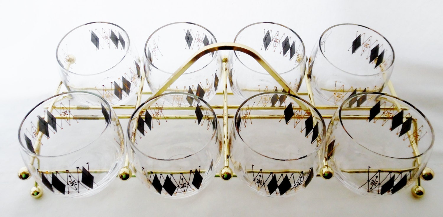 Vintage, Glass Caddy, Glass Carrier, Holds 8 Glasses, Barware, Gold