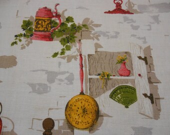 Vintage Folk art kitchen curtains, Mid Century linens, Bark-cloth curtains, Kitschy curtains, Farmhouse decor, Retro fabric, Jungalow