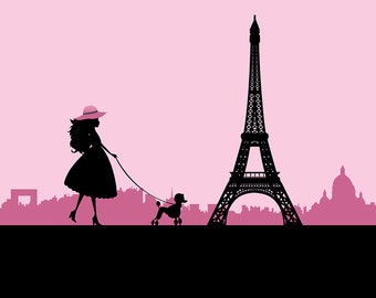Printable Pink Paris Girl with Poodle Backdrop - Digital File Only INSTANT DOWNLOAD - You Print