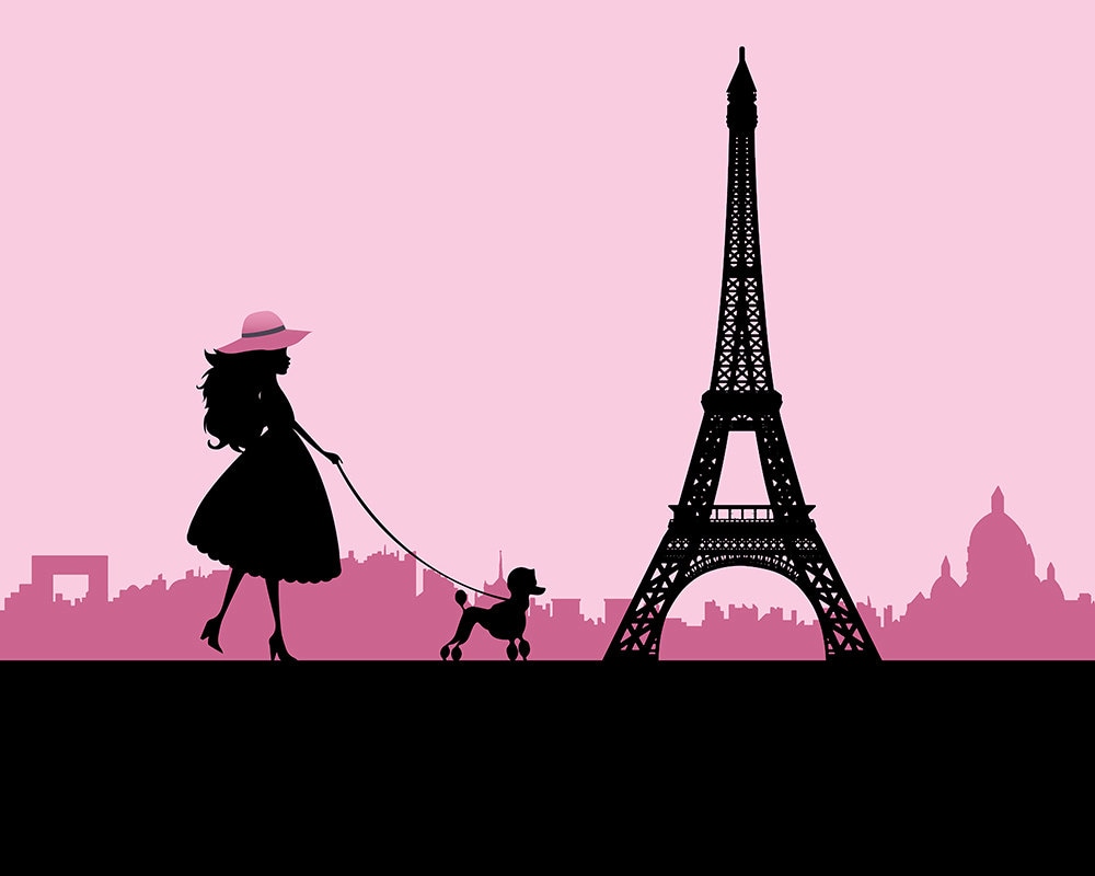 Printable Pink Paris Girl with Poodle Backdrop Digital File