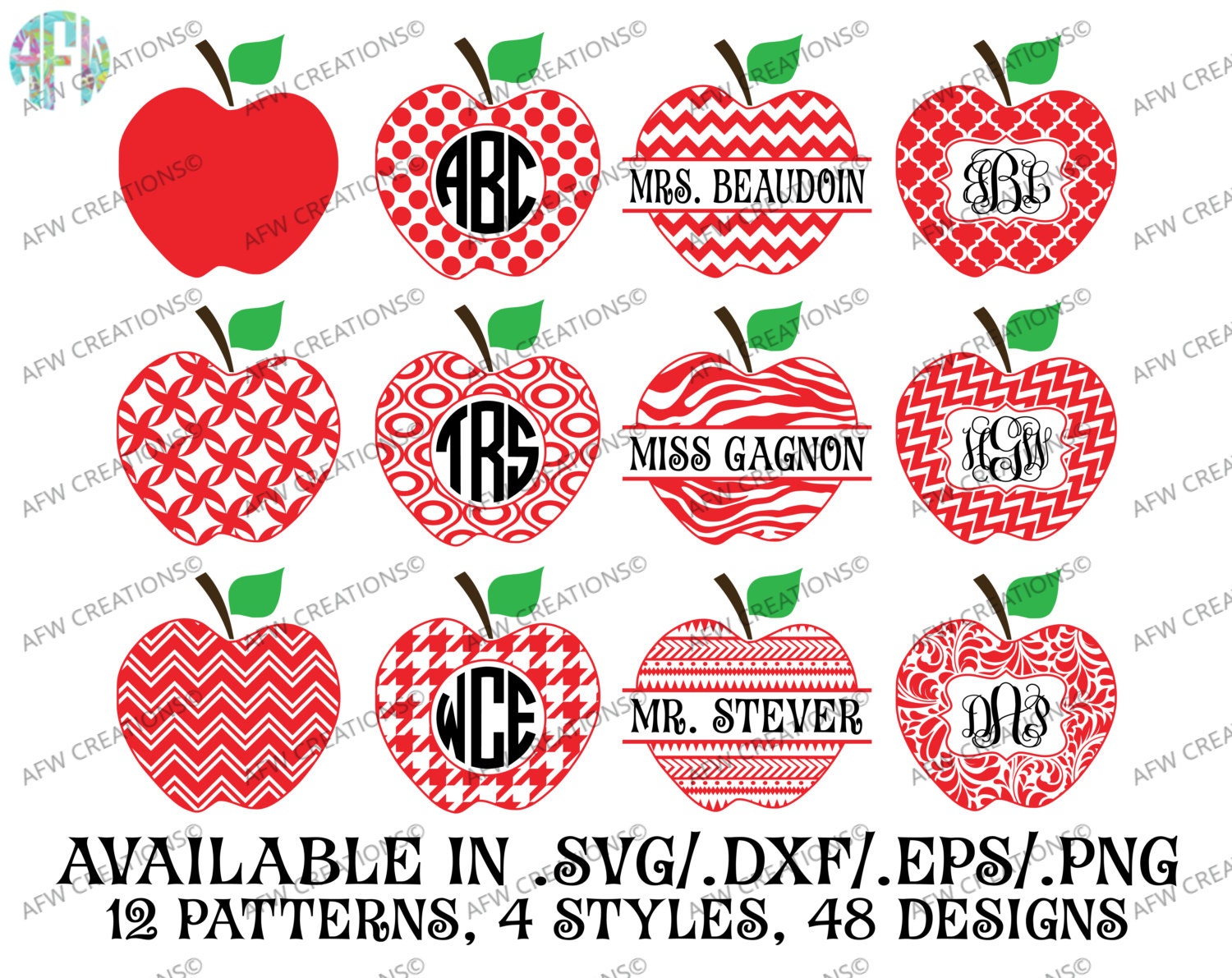 Digital Cut Files, Pattern Split & Monogram Apples Bundle ...