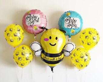 Free Shipping What will it Bee mylar latex balloon kit bumblebee - baby shower gender reveal birth announcement - blue pink silver